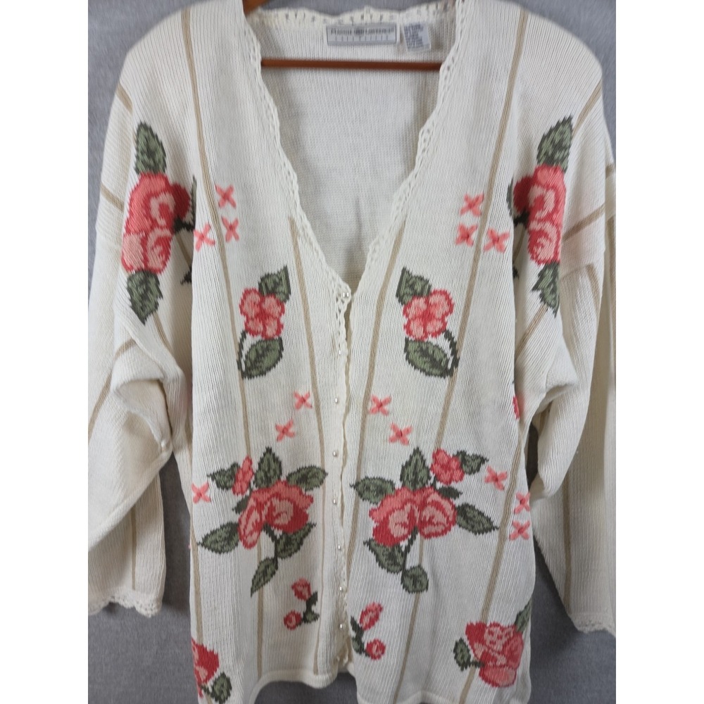 Maggie Lawrence 18-20 Cardigan Floral‎ Crochet Sweater Button 90s Cottagecore
